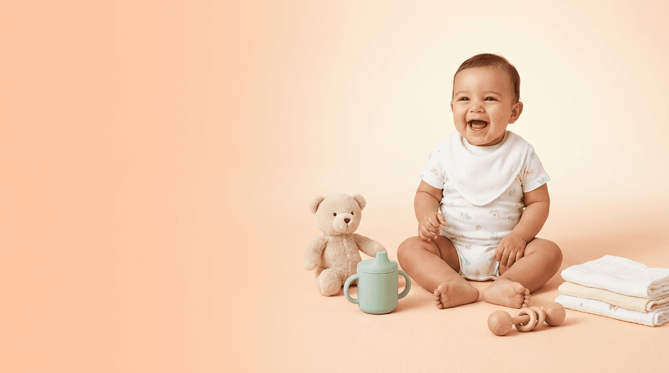 A smiling baby sitting between a teddy bear, a mint sippy cup, a wooden rattle and a stack of folded muslin cloths.