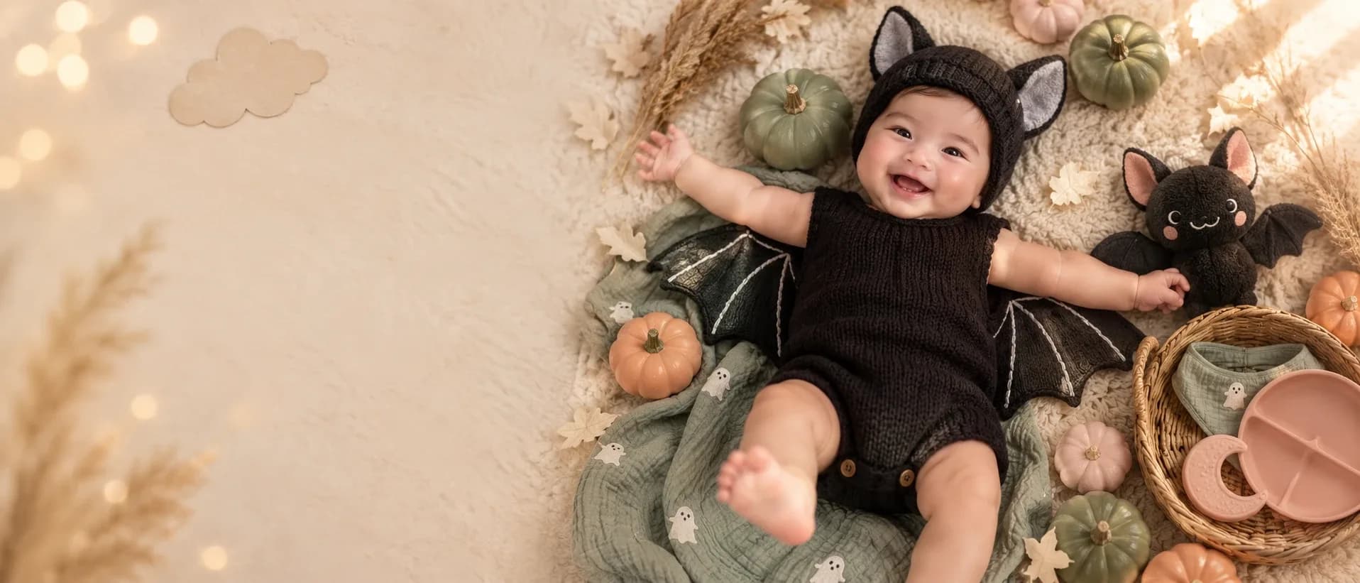 A laughing baby in a knitted bat costume lying on a sage ghost-print blanket, surrounded by little pumpkins, a plush bat and a silicone plate set.