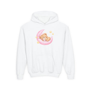 Kids Hoodie — Cute Sleeping Bear on Pink Moon Graphic