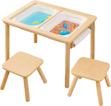 Wooden Sensory Table with 2 Chairs & Roll Paper