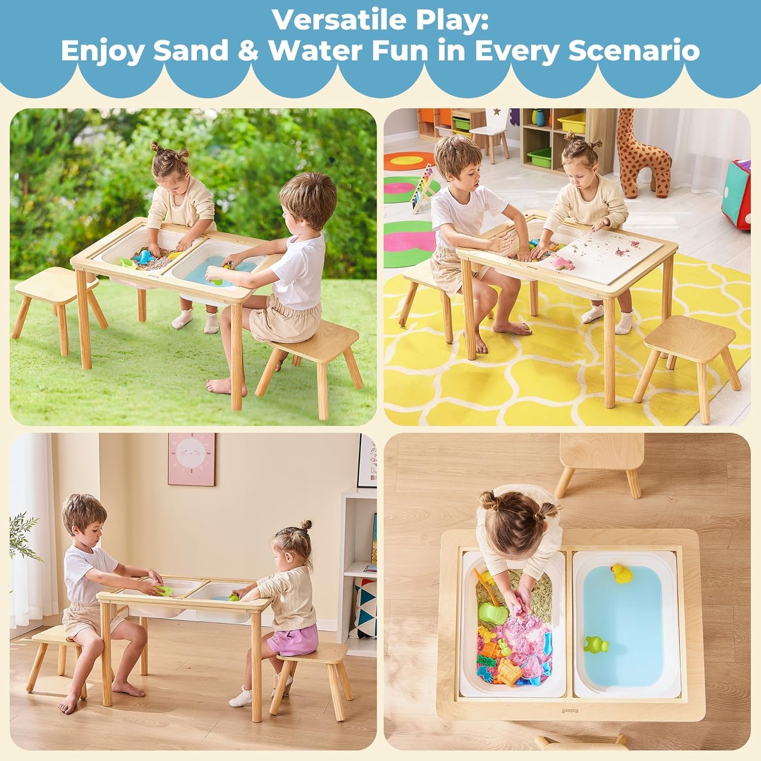 Wooden Sensory Table with 2 Chairs & Roll Paper