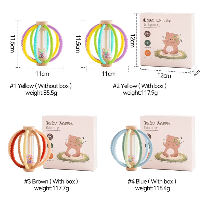 Wooden Baby Rattle Rain Drum & Silicone Teether Toy Gift