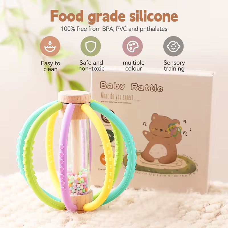 Wooden Baby Rattle Rain Drum & Silicone Teether Toy Gift