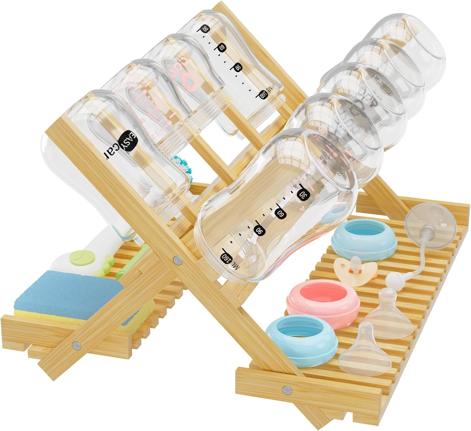 Baby Bottle Drying Rack Foldable Vertical Bamboo Bottle Accessories Organizer