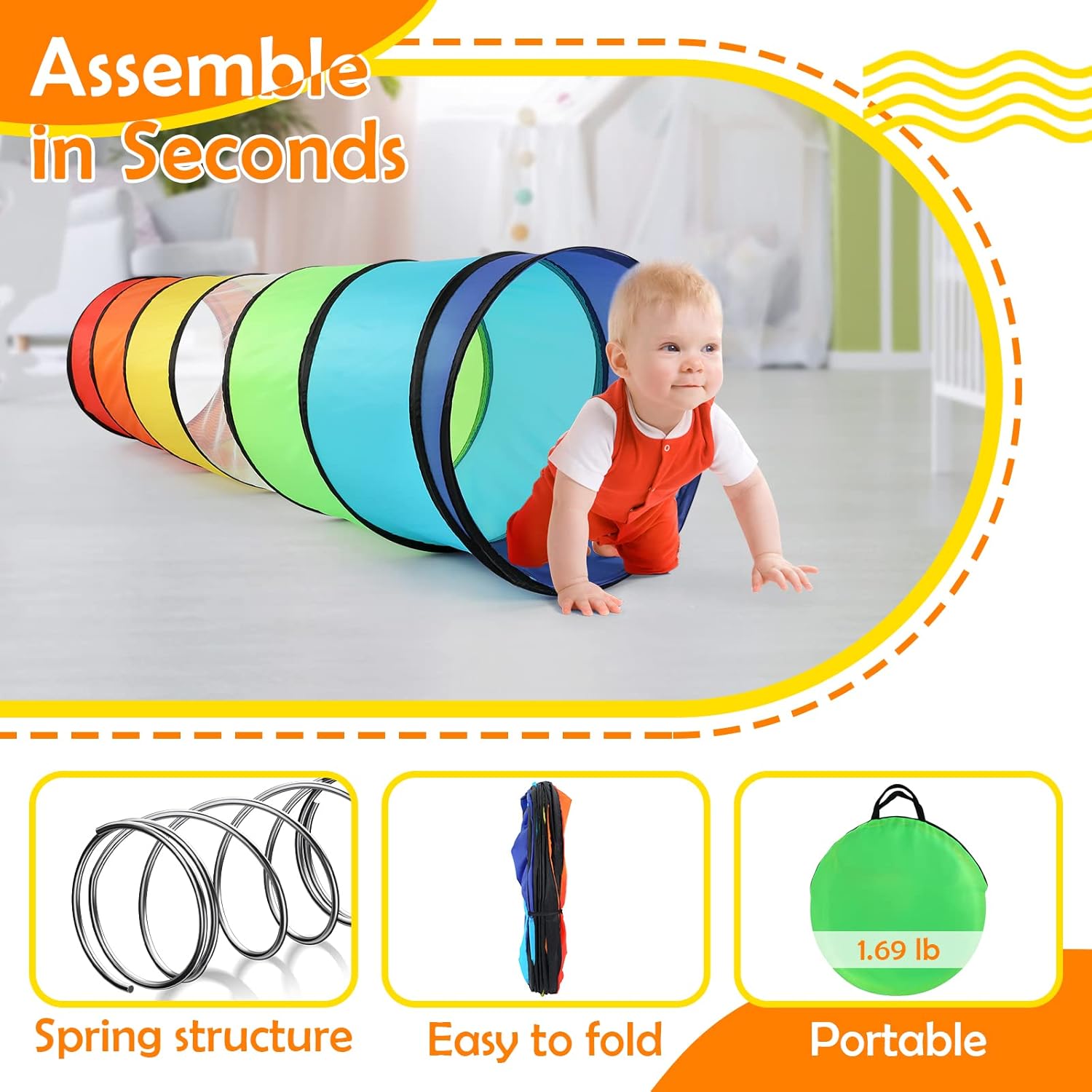 Kids Play Tunnel Tent for Toddlers, Colorful Pop up Crawl Tunnel Toy for Baby