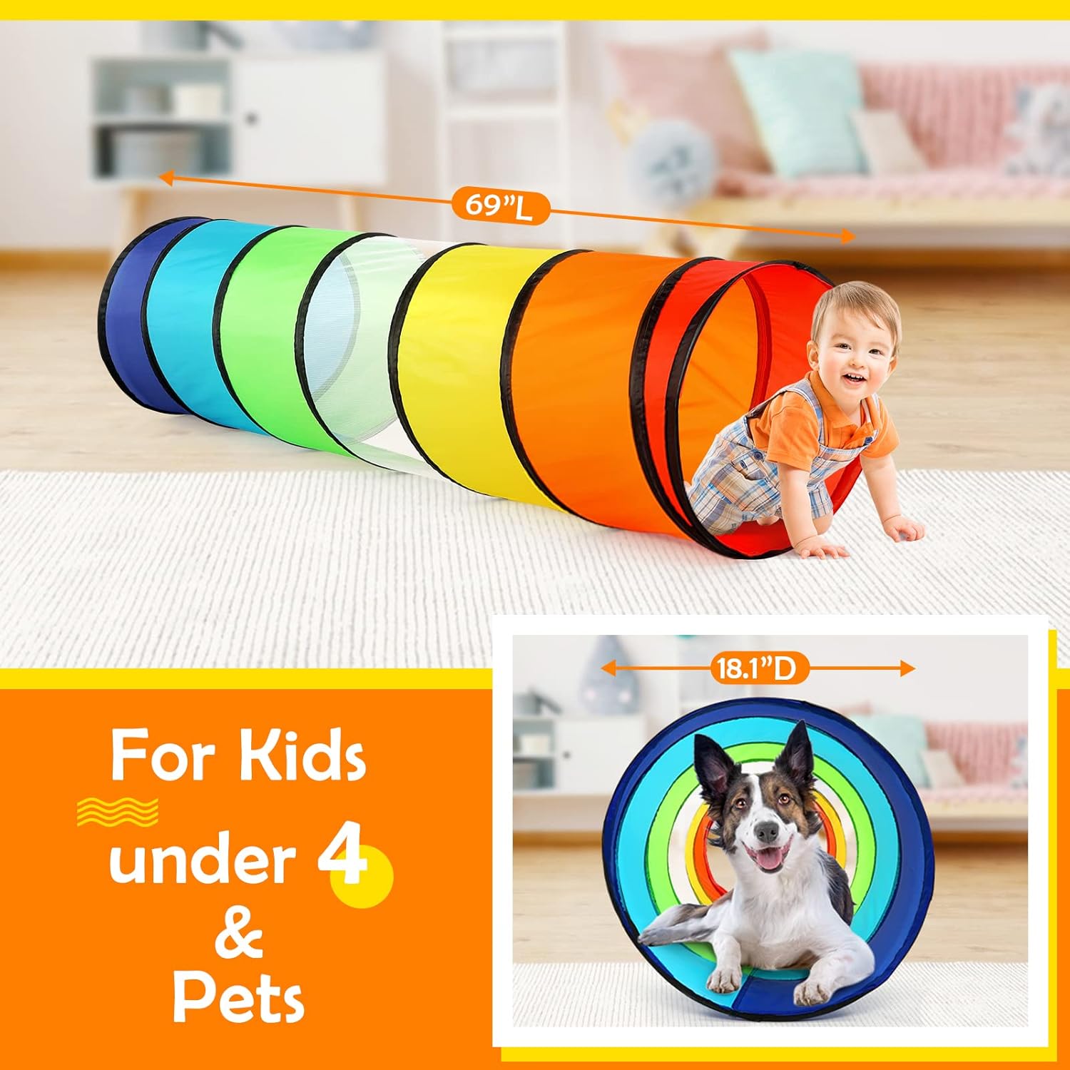 Kids Play Tunnel Tent for Toddlers, Colorful Pop up Crawl Tunnel Toy for Baby