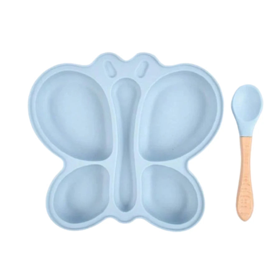 2Pcs Baby Butterfly Silicone Dining Plate Sucker Bowl Divided Sectioned Traininig Self-Feeding Spoon Non-Slip Kid Tableware Set