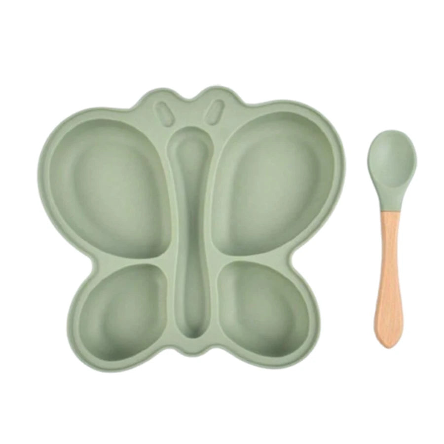 2Pcs Baby Butterfly Silicone Dining Plate Sucker Bowl Divided Sectioned Traininig Self-Feeding Spoon Non-Slip Kid Tableware Set