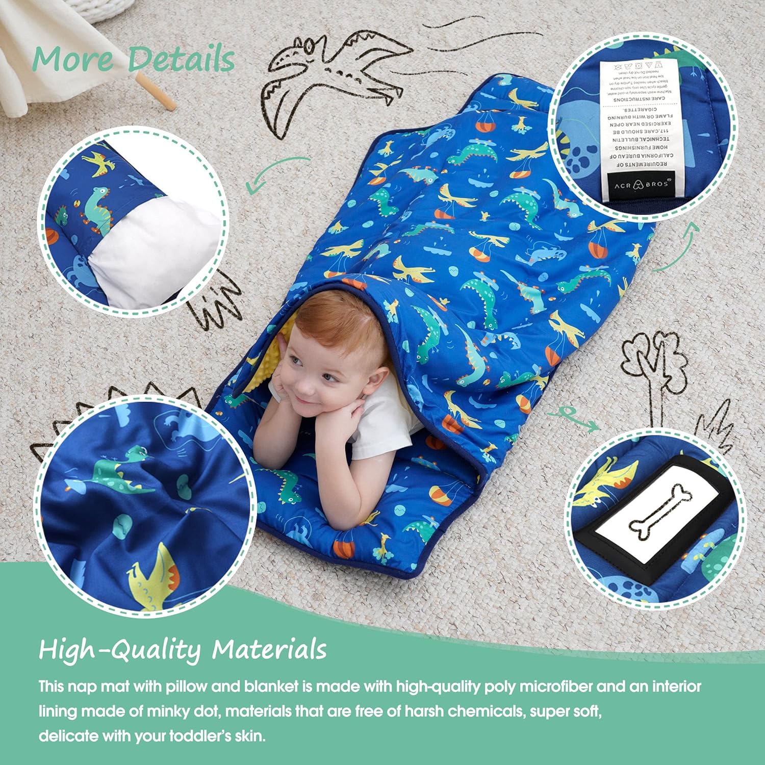 Toddler Nap Mat with Pillow and Blanket, Extra Large