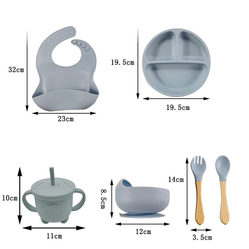 6/8-Piece Baby Silicone Tableware Set with Suction, Forks, Bibs & Cups