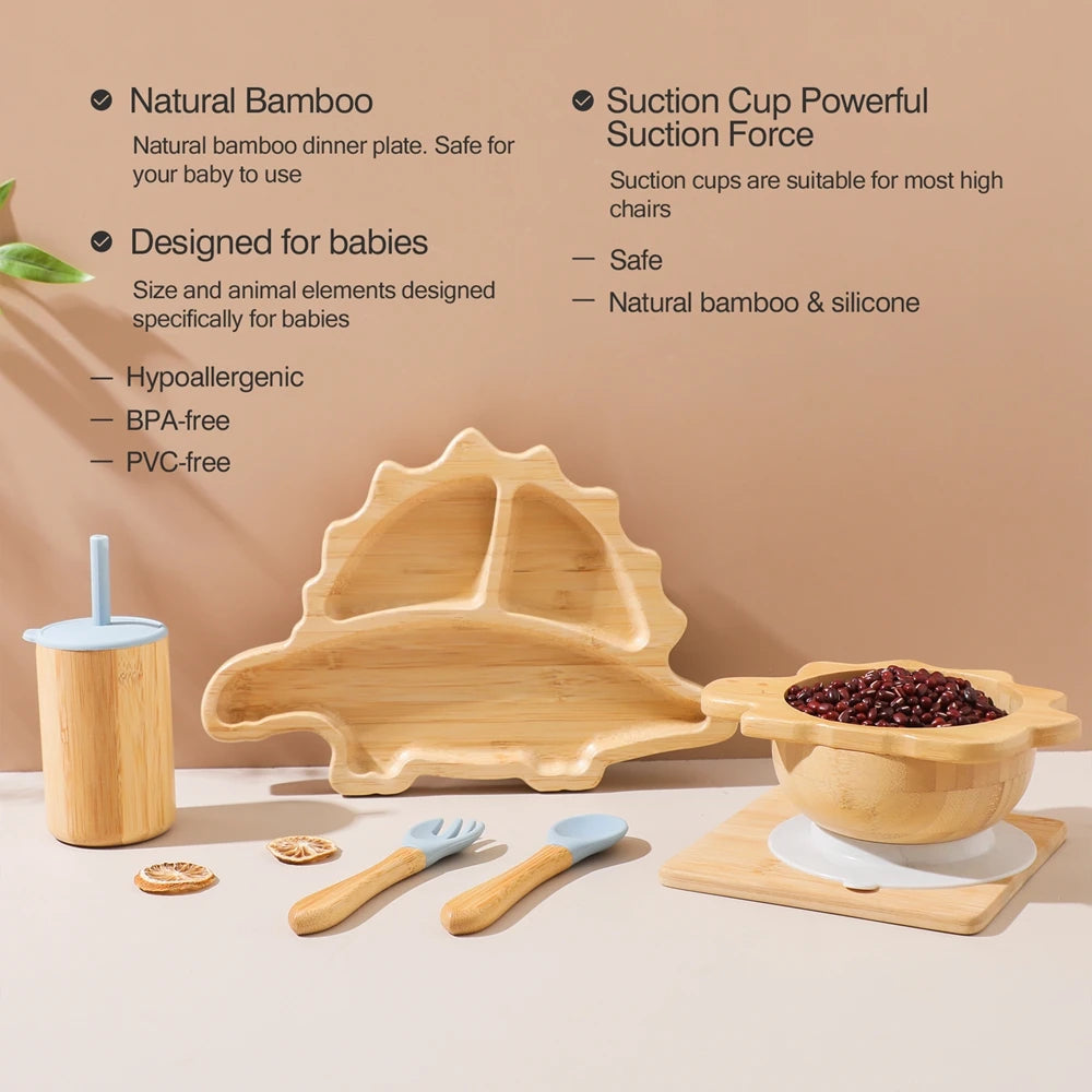 Bamboo Baby Feeding Tableware Set Silicone Suction Cups