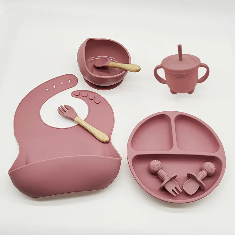 6/8-Piece Baby Silicone Tableware Set with Suction, Forks, Bibs & Cups