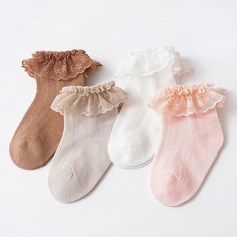 1 Pair Baby Girl Summer Ruffle Socks - Mesh Cotton Thin