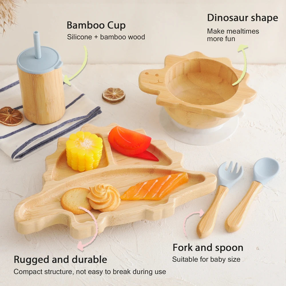 Bamboo Baby Feeding Tableware Set Silicone Suction Cups