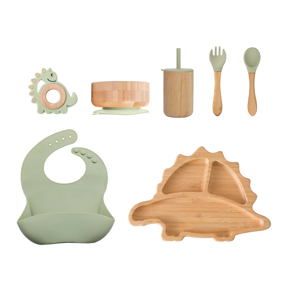 Bamboo Baby Feeding Tableware Set Silicone Suction Cups