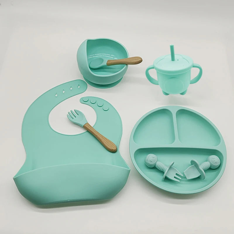 6/8-Piece Baby Silicone Tableware Set with Suction, Forks, Bibs & Cups