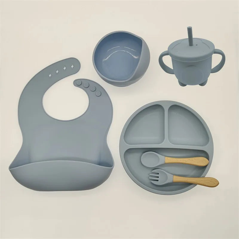 6/8-Piece Baby Silicone Tableware Set with Suction, Forks, Bibs & Cups