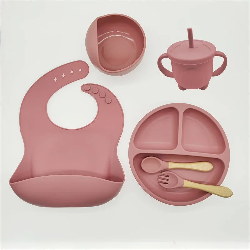 6/8-Piece Baby Silicone Tableware Set with Suction, Forks, Bibs & Cups