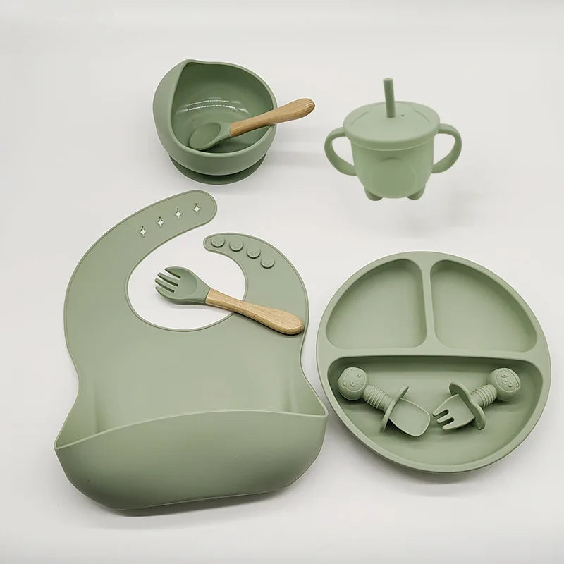 6/8-Piece Baby Silicone Tableware Set with Suction, Forks, Bibs & Cups