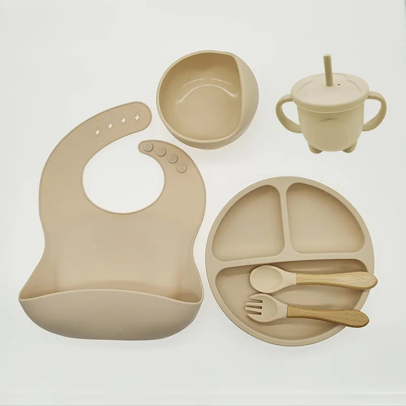 6/8-Piece Baby Silicone Tableware Set with Suction, Forks, Bibs & Cups