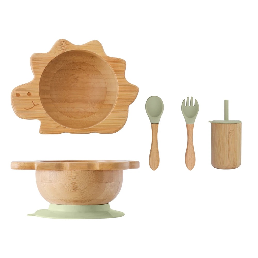 Bamboo Baby Feeding Tableware Set Silicone Suction Cups