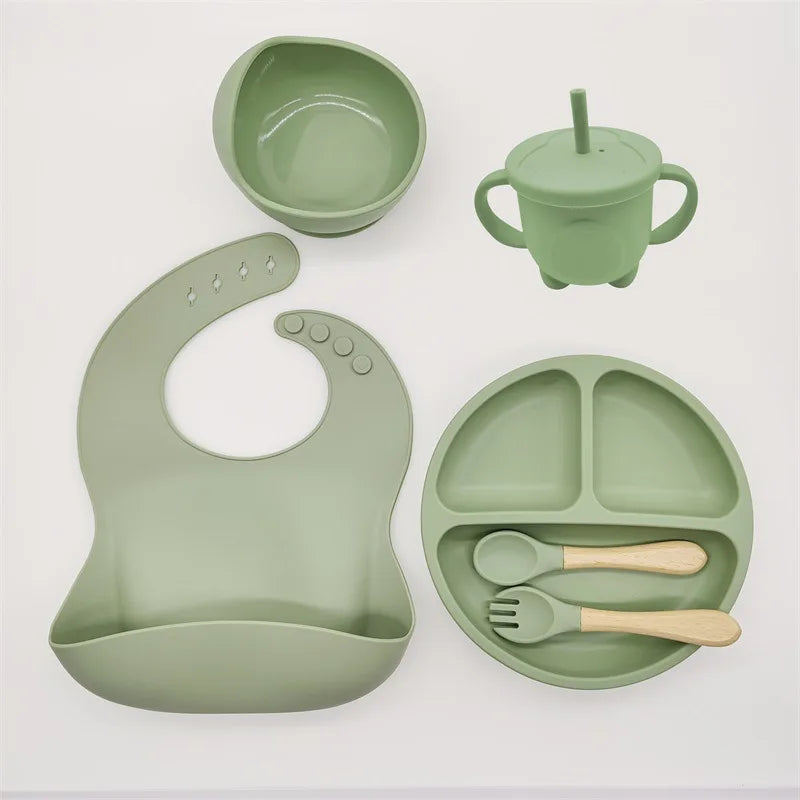 6/8-Piece Baby Silicone Tableware Set with Suction, Forks, Bibs & Cups