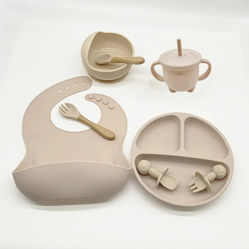 6/8-Piece Baby Silicone Tableware Set with Suction, Forks, Bibs & Cups