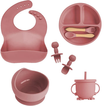 6/8-Piece Baby Silicone Tableware Set with Suction, Forks, Bibs & Cups