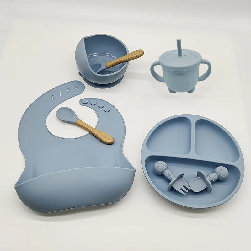 6/8-Piece Baby Silicone Tableware Set with Suction, Forks, Bibs & Cups