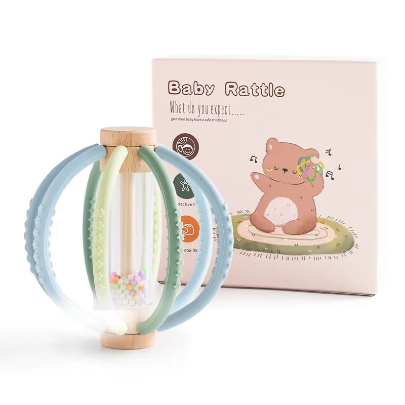 Wooden Baby Rattle Rain Drum & Silicone Teether Toy Gift