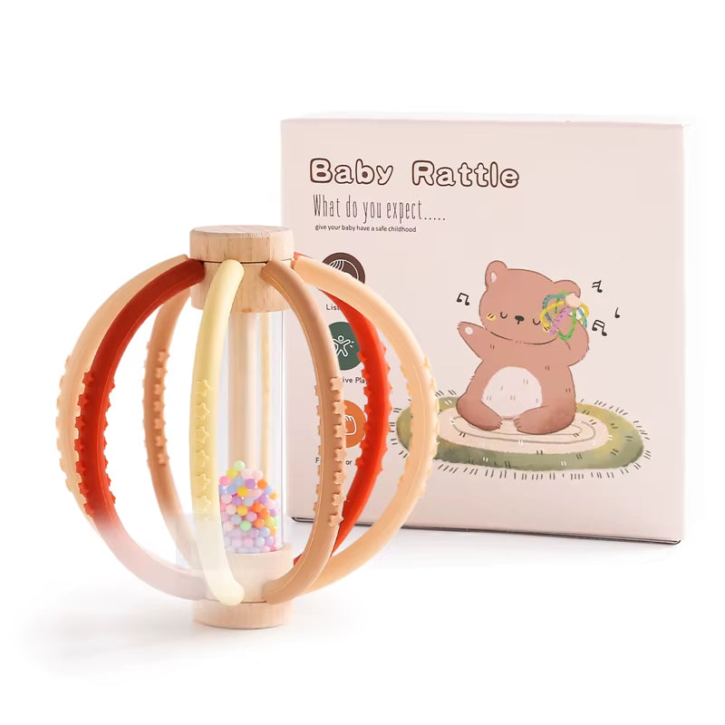 Wooden Baby Rattle Rain Drum & Silicone Teether Toy Gift