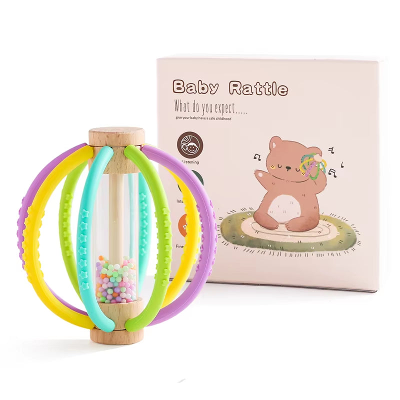 Wooden Baby Rattle Rain Drum & Silicone Teether Toy Gift