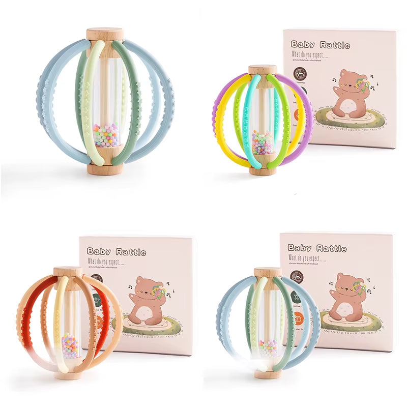 Wooden Baby Rattle Rain Drum & Silicone Teether Toy Gift