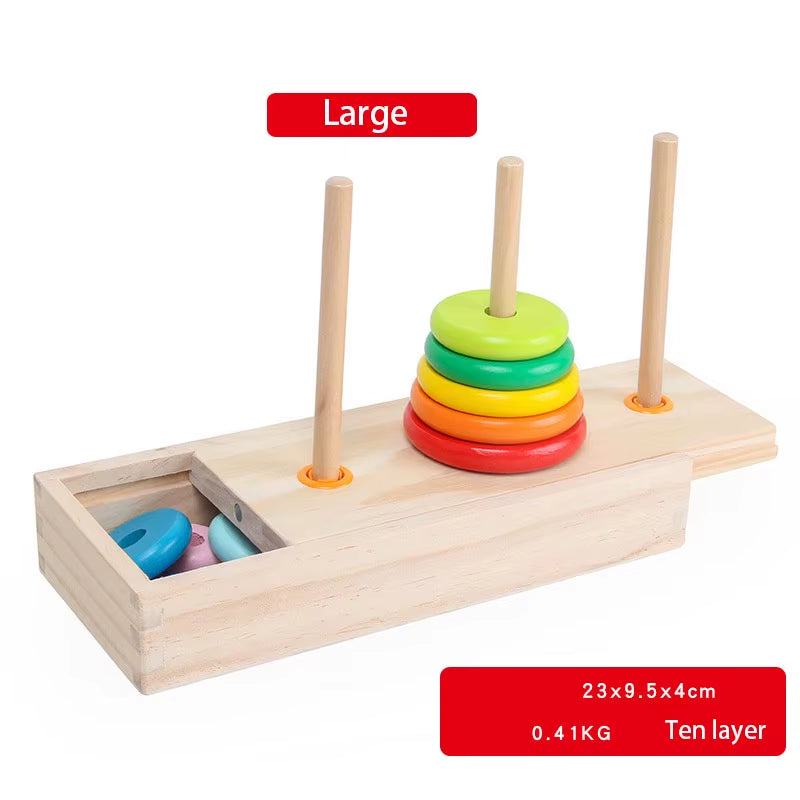 Classic Wooden Puzzle Stack Tower of Hanoi Kid Mathematical Early Educational Toys Parent-Child Interaction Toy with Storage Box