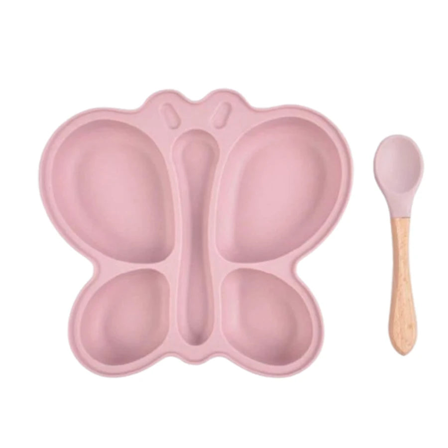 2Pcs Baby Butterfly Silicone Dining Plate Sucker Bowl Divided Sectioned Traininig Self-Feeding Spoon Non-Slip Kid Tableware Set