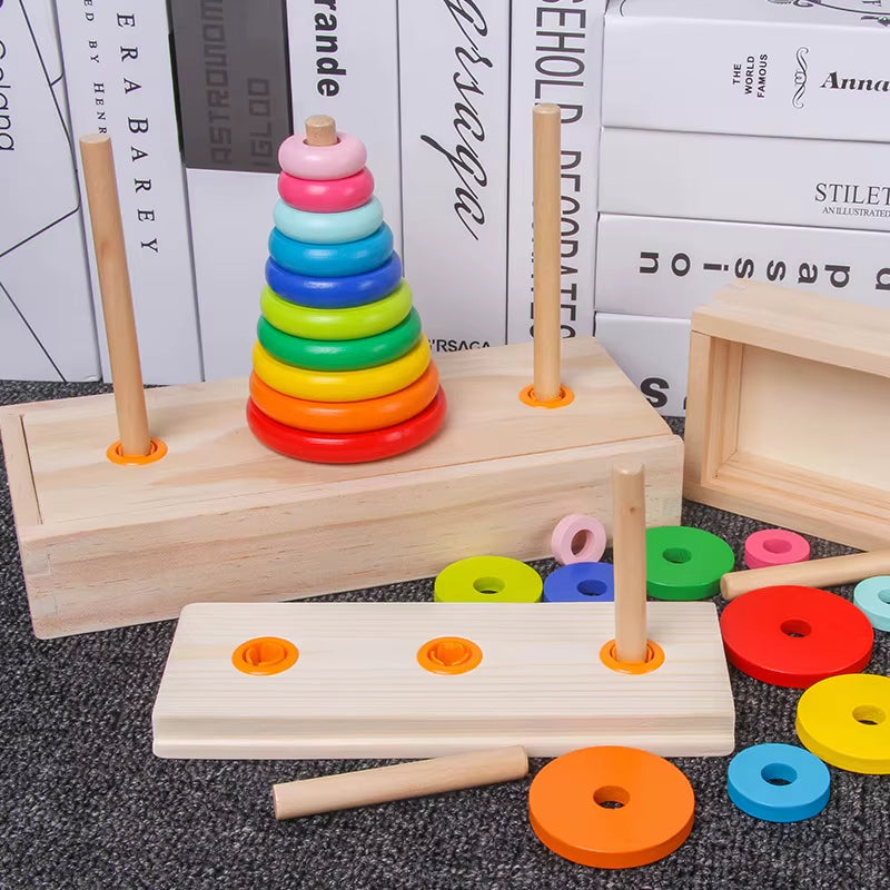 Classic Wooden Puzzle Stack Tower of Hanoi Kid Mathematical Early Educational Toys Parent-Child Interaction Toy with Storage Box