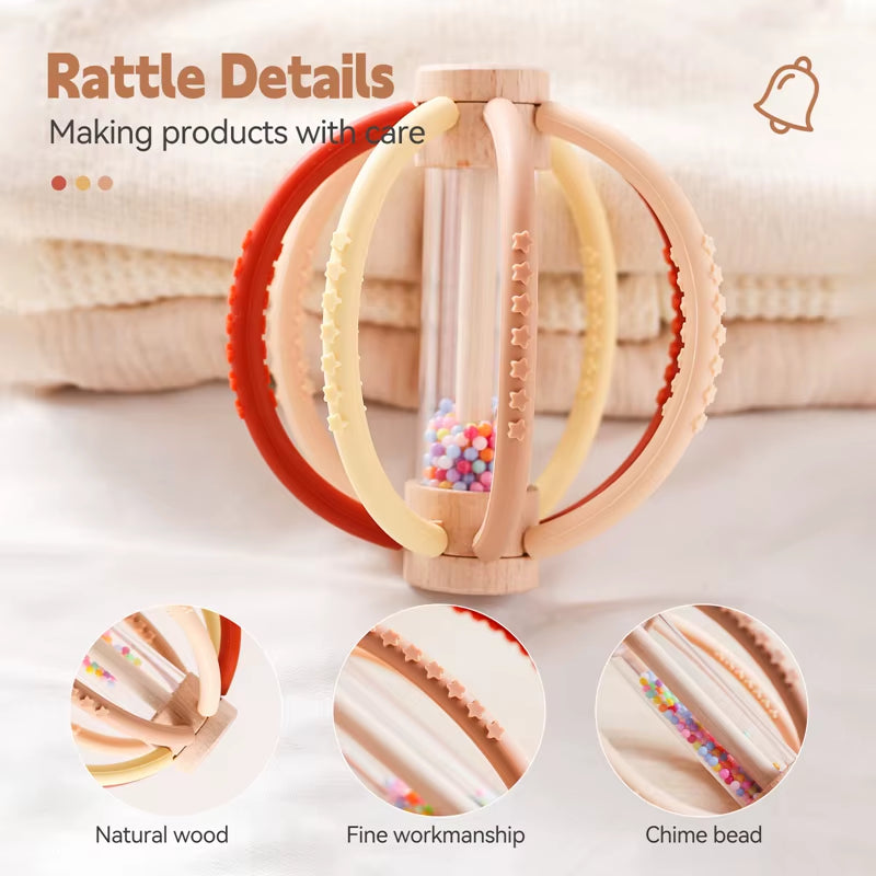 Wooden Baby Rattle Rain Drum & Silicone Teether Toy Gift