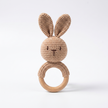 Crochet Bunny Wooden Rattle – Handmade Baby Sensory Teether