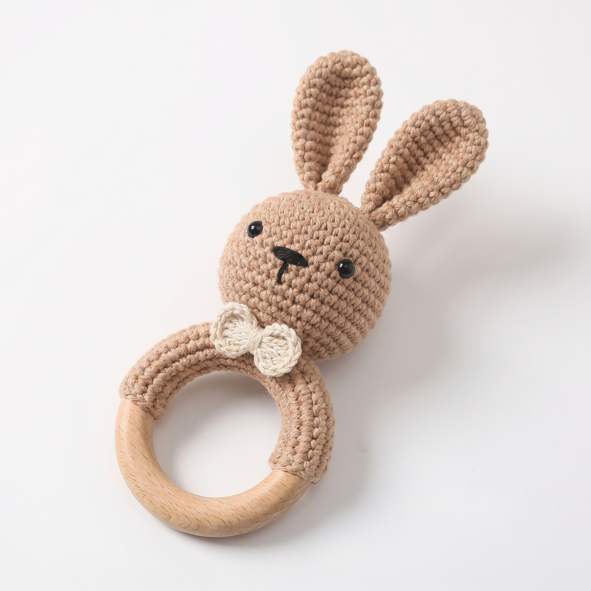Crochet Bunny Wooden Rattle – Handmade Baby Sensory Teether