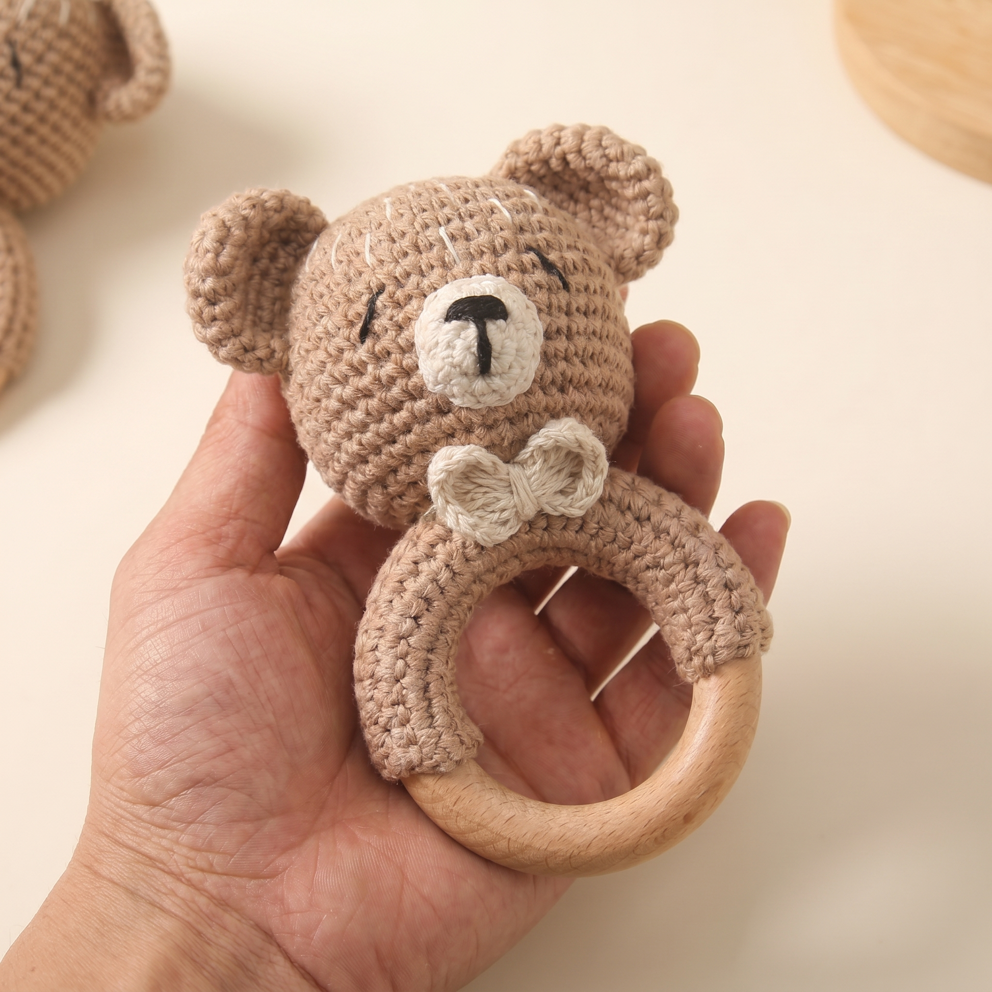 Crochet Bunny Wooden Rattle – Handmade Baby Sensory Teether