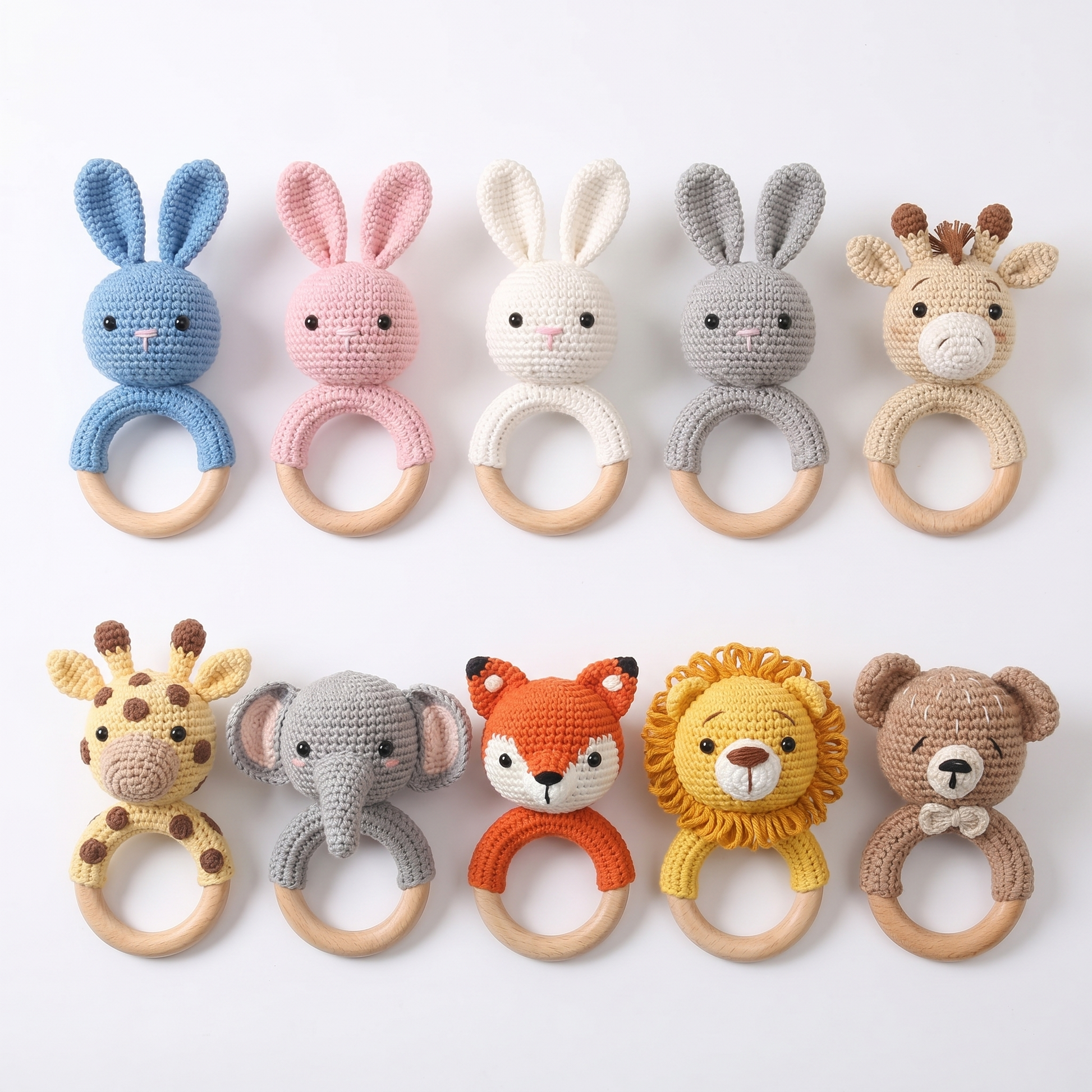 Crochet Bunny Wooden Rattle – Handmade Baby Sensory Teether